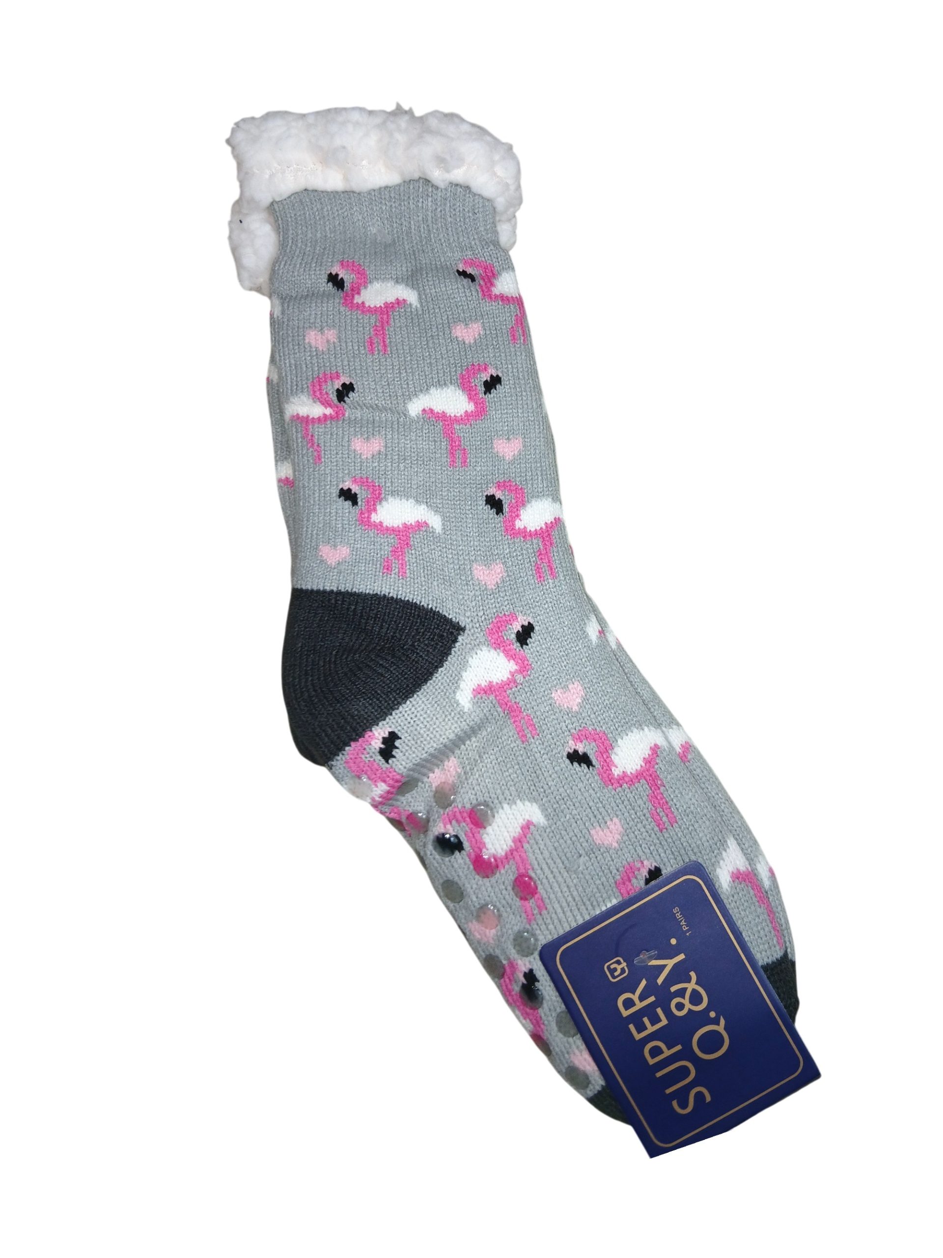 gynaikeia-kaltsopantofla-gkri-me-sxedio-flamigko-36-41 Γυναικεία καλτσοπαντόφλα Με Χνουδωτή Επένδυση Αντιολισθητικές Γκρί Με σχέδιο Ροζ Φλαμίγκο 36-41 - Image 1