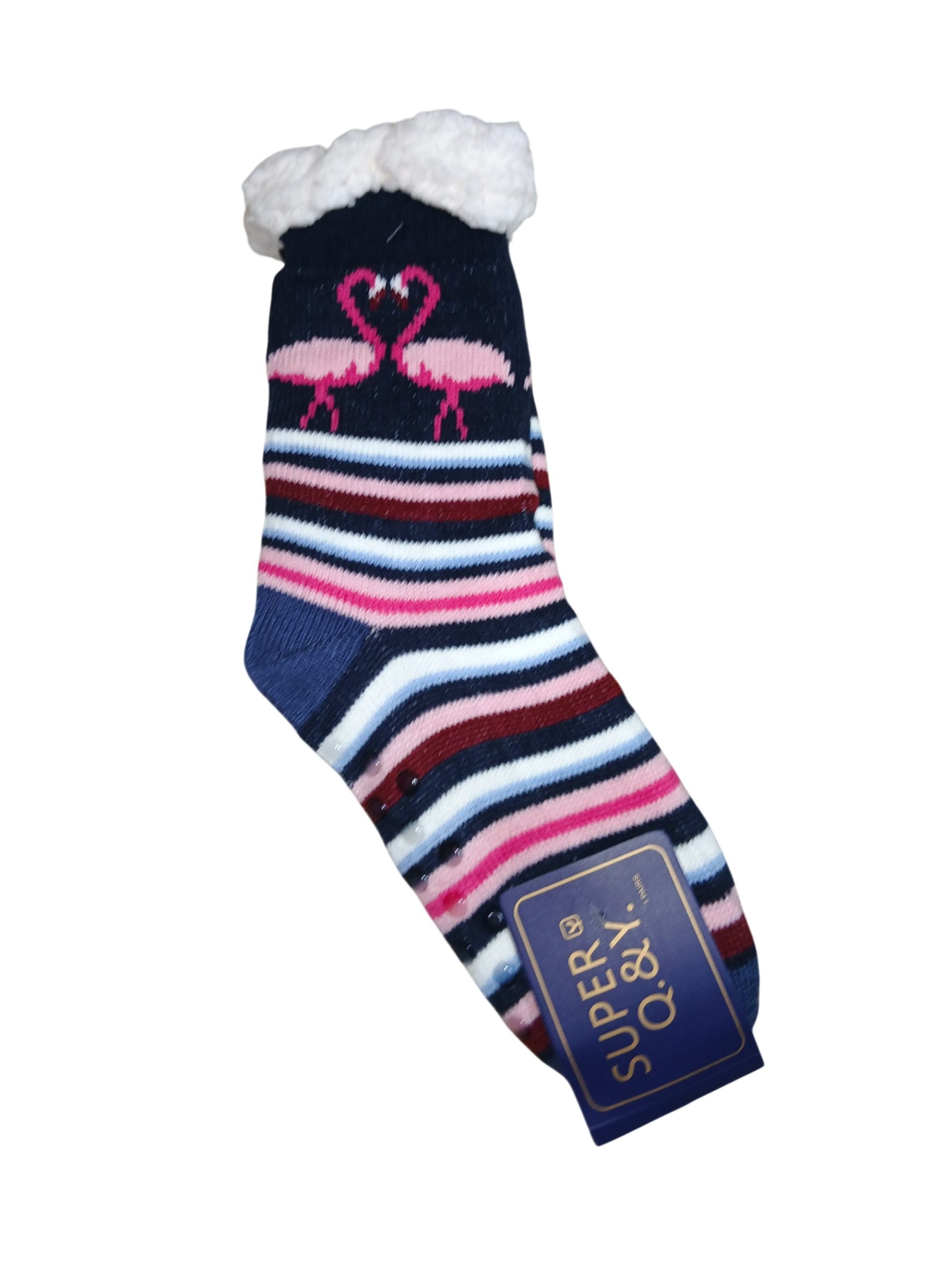 gynaikeia-kaltsopantofla-polyxrwmh-rige-kai sxedio-flamigo-36-41 Γυναικεία καλτσοπαντόφλα Με Χνουδωτή Επένδυση Αντιολισθητικές Πολύχρωμη Ριγέ Με σχέδιο Φλαμιγκο 36-41 - Image 1