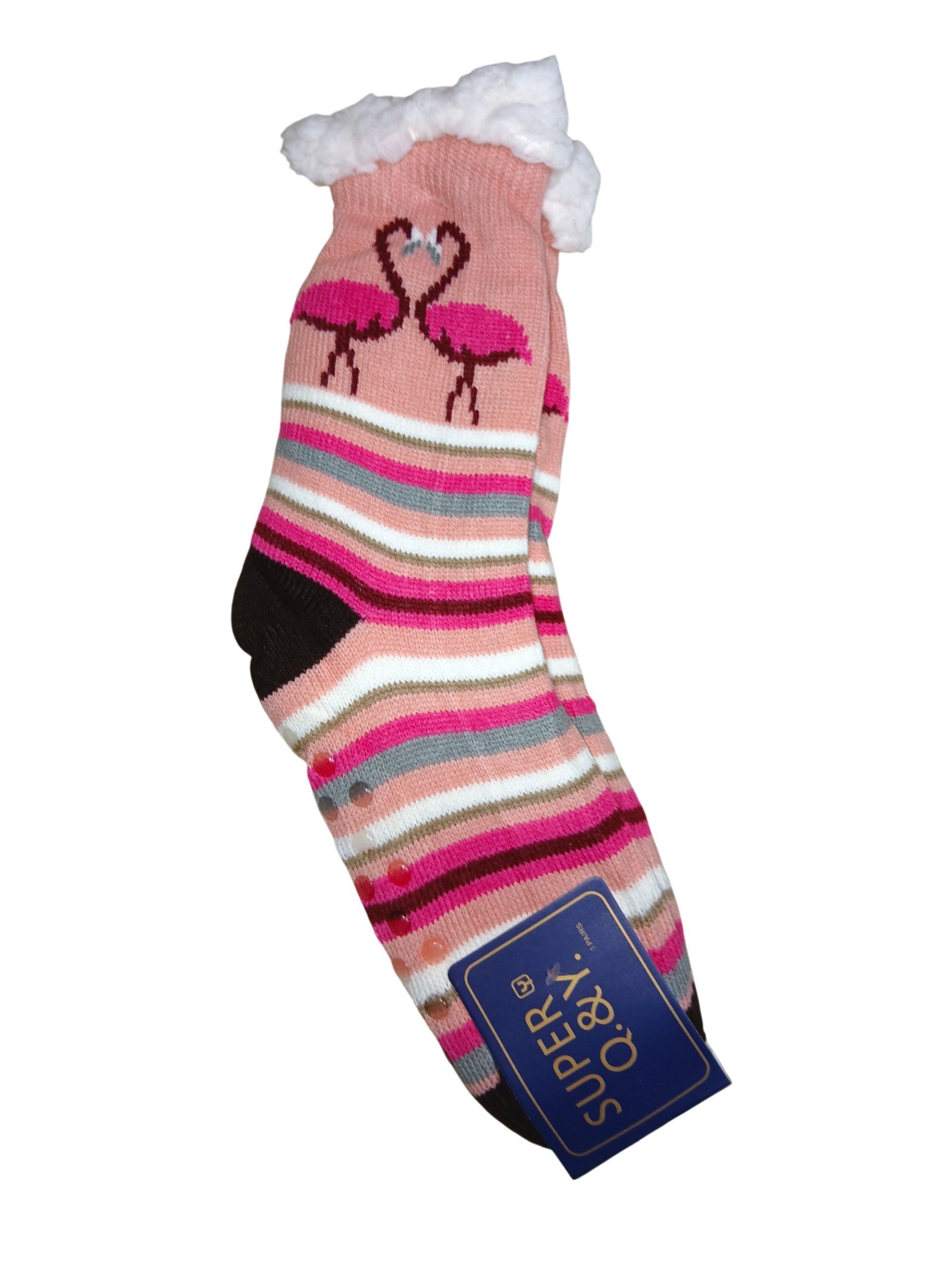 gynaikeia-kaltsopantofla-polyxrwmh-rige-roz-kai sxedio-flamigo-36-41 Γυναικεία καλτσοπαντόφλα Με Χνουδωτή Επένδυση Αντιολισθητικές Ριγέ Ροζ Με σχέδιο Φλαμιγκο 36-41 - Image 1