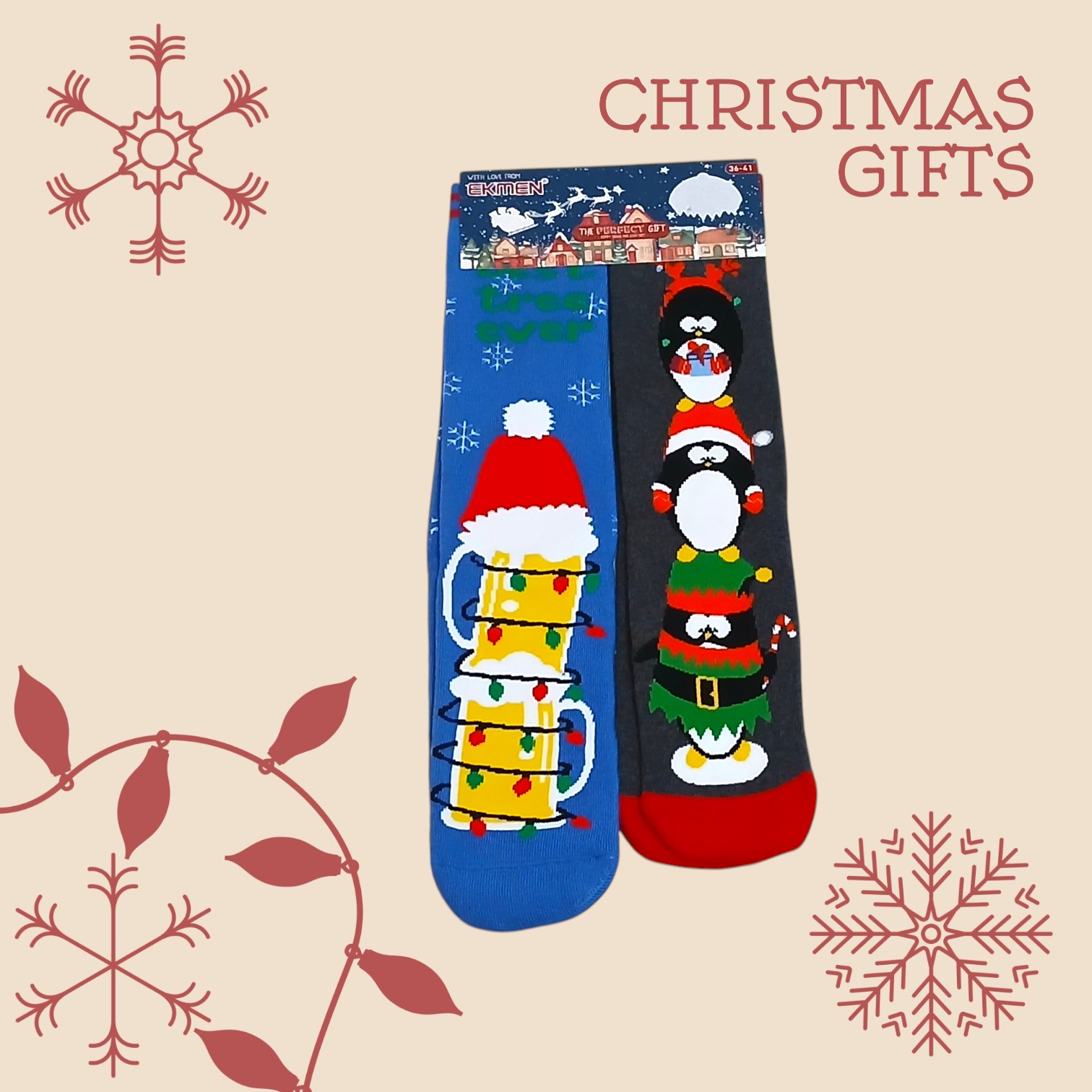 gynaikeies-makryes- christoygenniatikes-bambakeres-kaltses-set-dentra-36-42 Γυναικείες Βαμβακερές Χριστουγεννιάτικες Κάλτσες Σετ 2 Ζευγάρια Μακριές Πιγκουίνοι Και Χριστουγεννιάτικη Μπύρα - Image 1