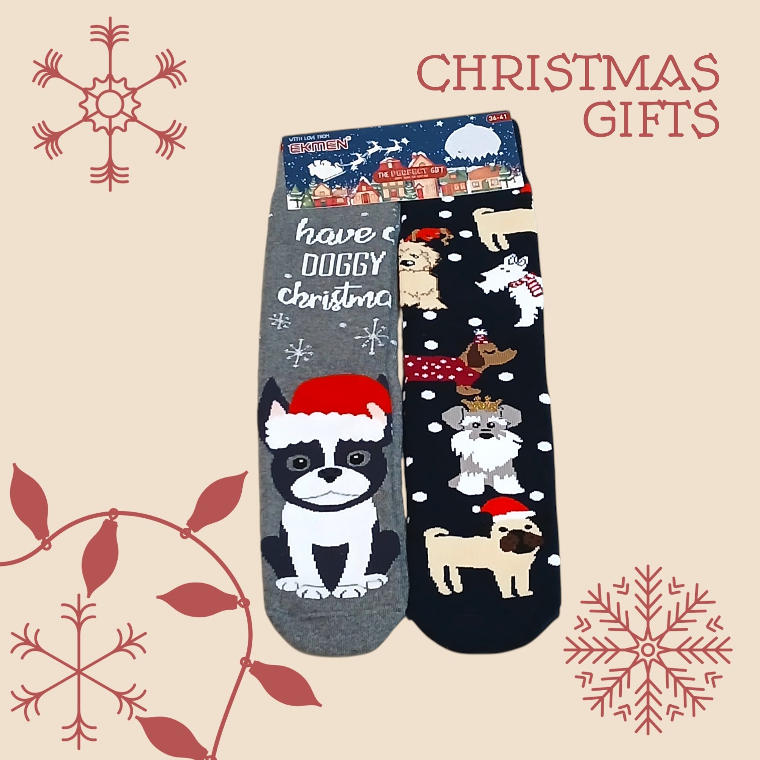 gynaikeies-makryes- christoygenniatikes-bambakeres-kaltses-set-skyloi-36-42 Γυναικείες Βαμβακερές Χριστουγεννιάτικες Κάλτσες Σετ 2 Ζευγάρια Μακριές Σκυλάκια σε Μαύρο και Ανθρακί - Image 1